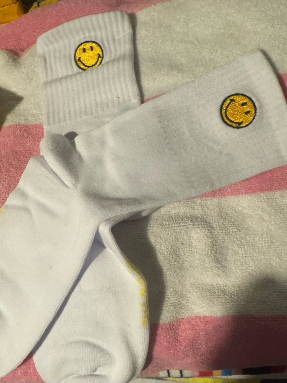 White Crew Socks with yellow smiley face😊 unisex but listed under womens-fun fun